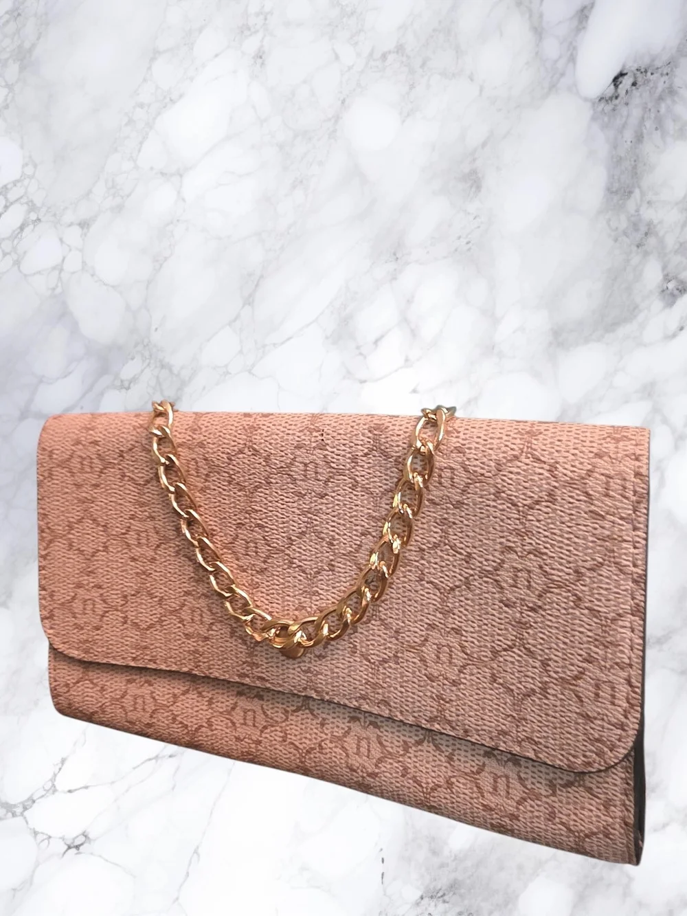 Nanette Lepore Blush Pink Monogram Chain Wallet Clutch Crossbody Envelope Bag